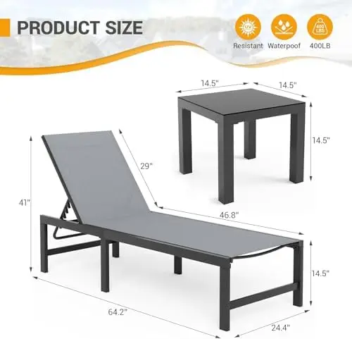 Outdoor Chaise Chairs & Table 3 Pieces Pool Lounge Chair, Adjustable Poolside Sunloungers Lay Flat Sunbathing Chaise