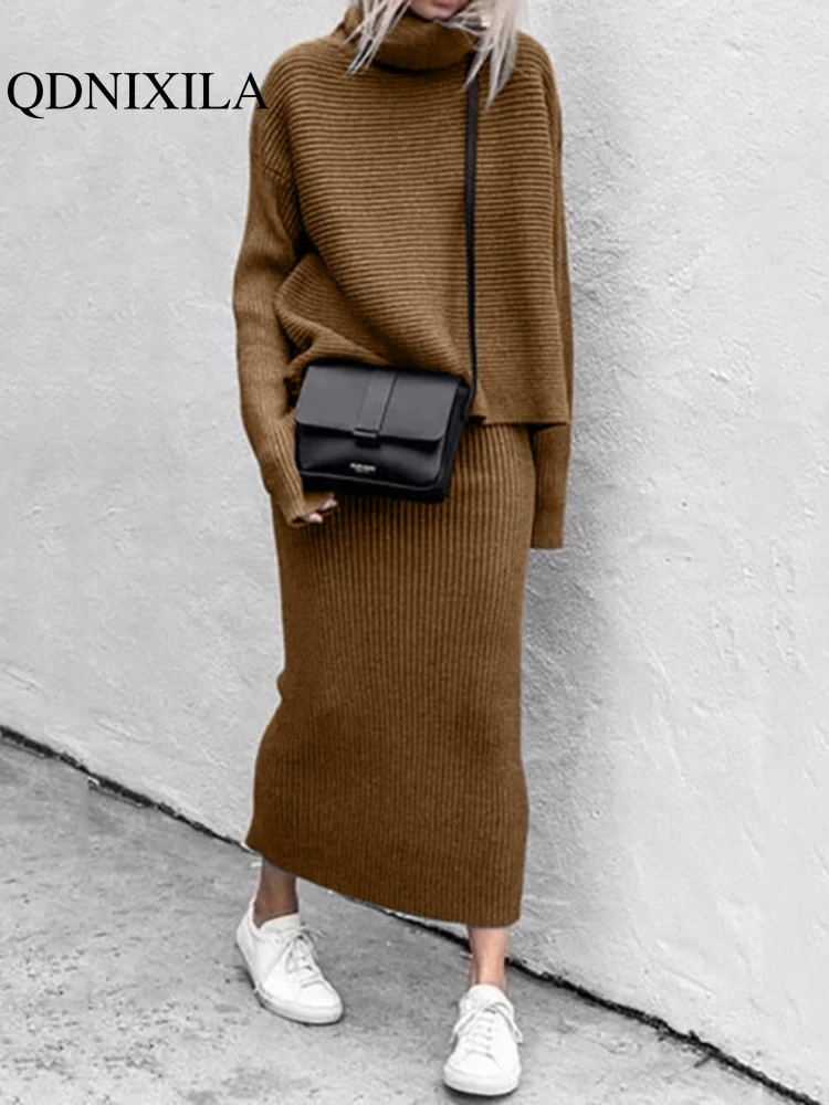 Dress Sets 2024 Autumn Winter New in Fashion Clothing Female Solid Color Casual Loose Fashion Long Sweater Dress Two Piece Set