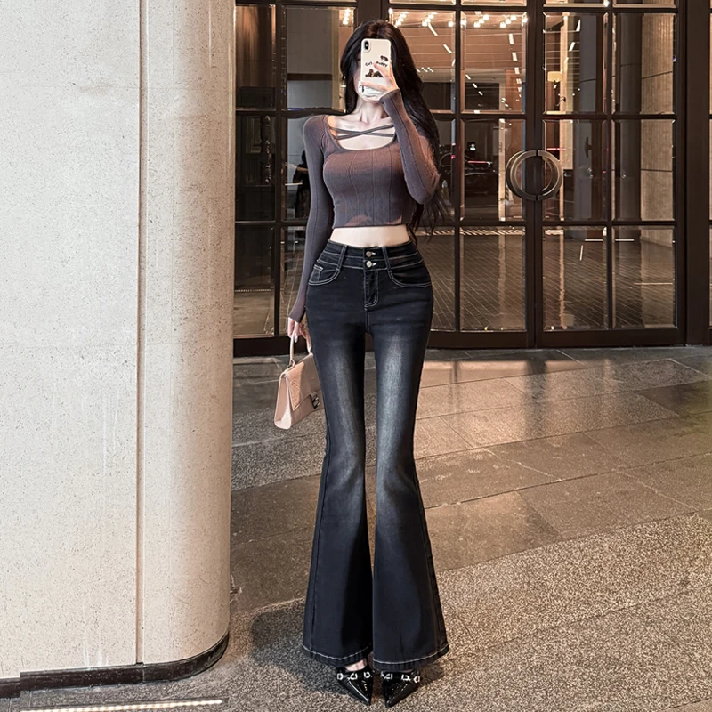 High Waist Bell Bottom Denim Jeans Women's Double Buckle Slim Fit Stretchy Cotton Polyester Blend Casual High Elasticity