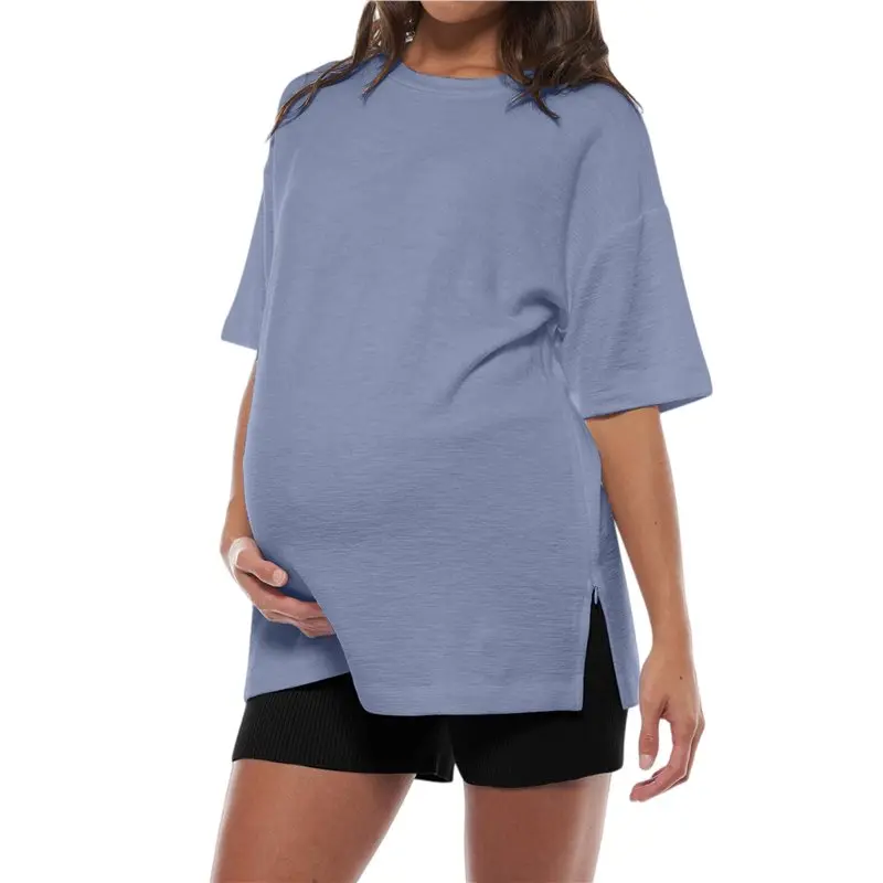 FBIL-Womens Maternity Loose Fit Side Split Short Sleeve T‑Shirt Blue M
