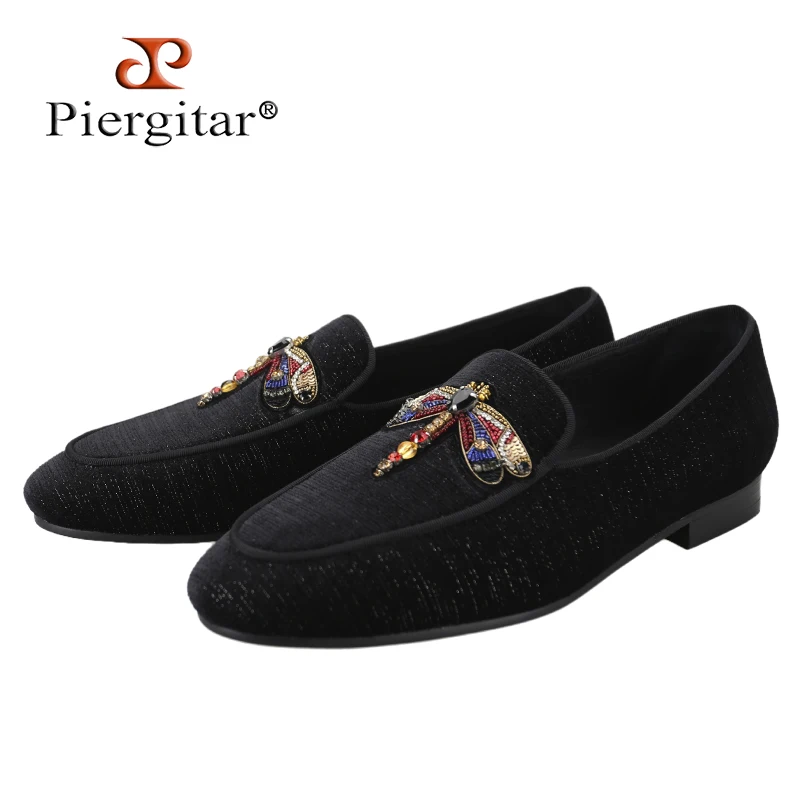 Piergitar Golden Shiny Thread Velvet Men's Loafers With Handmade Crystals Dragonfly Applique Applique For Party And Casual Wear