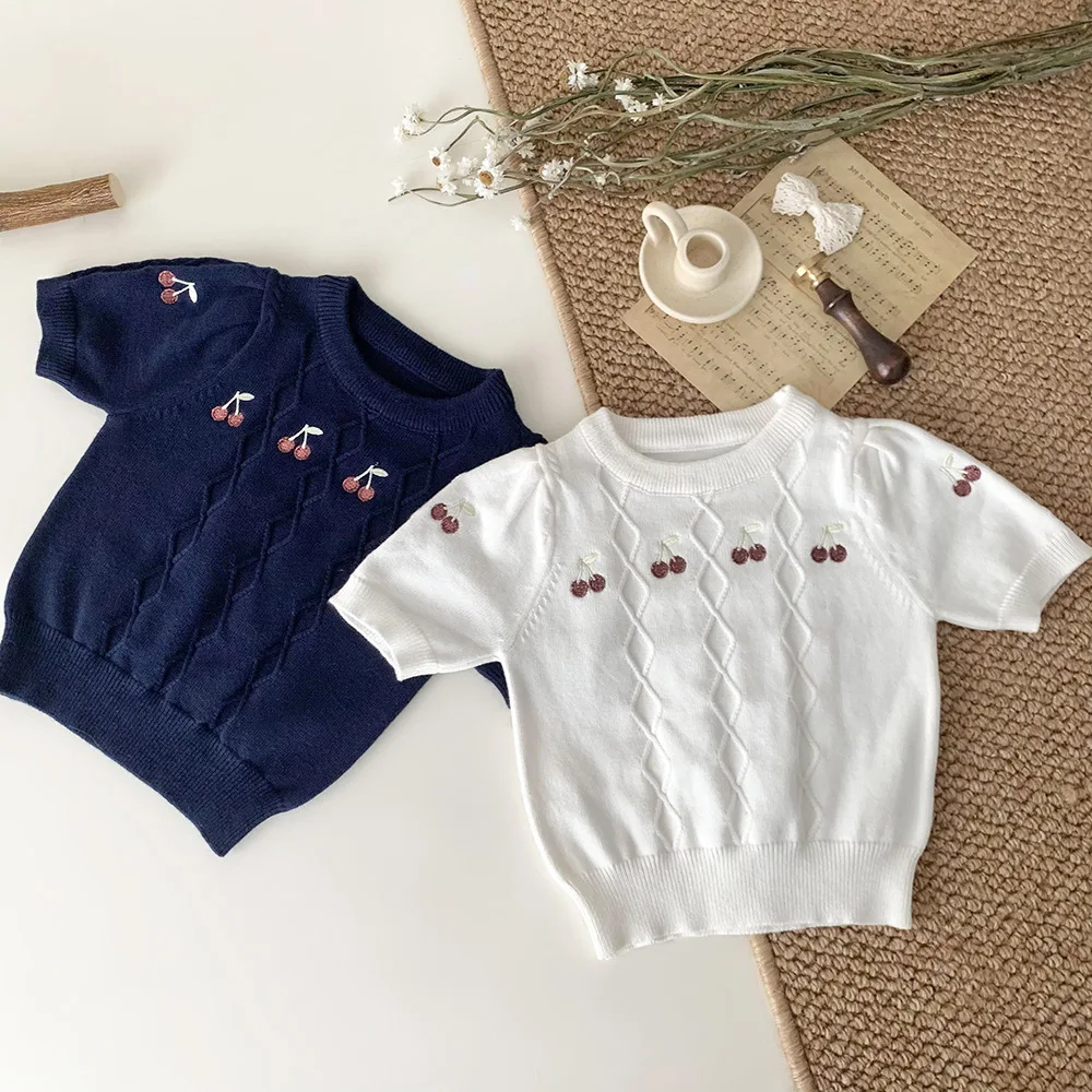 

Summer New Baby Girls Clothes Baby Sweater Toddler Knit Newborn Cherry Emboridery Knitwear Short Sleeve Cotton Baby Pullover Top