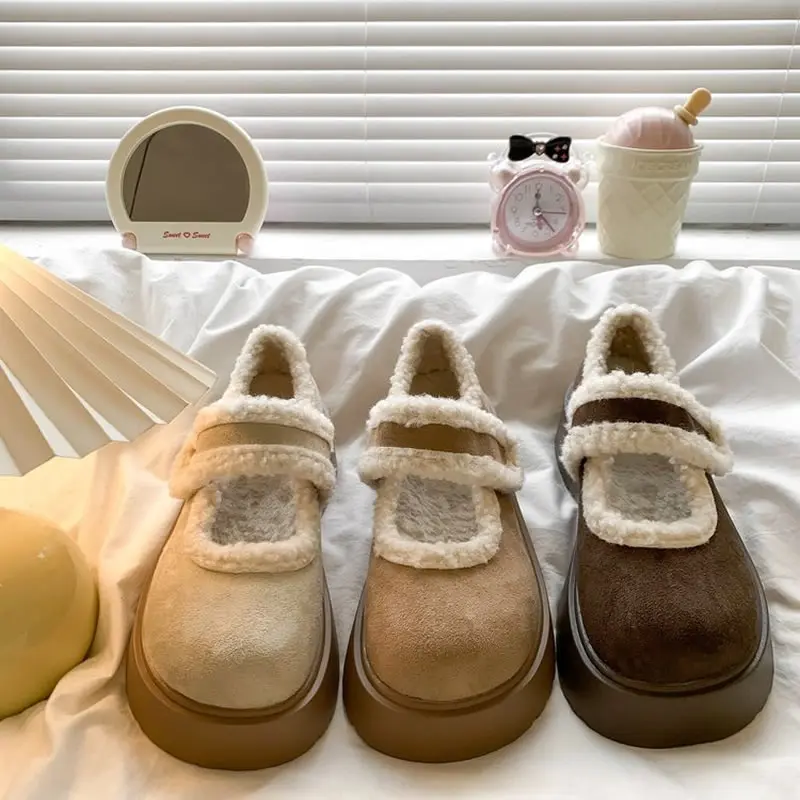 Botas de nieve con forro polar y fondo grueso para mujer, zapatos sin cordones versátiles, zapatos informales cómodos de algodón para personas cortas, invierno