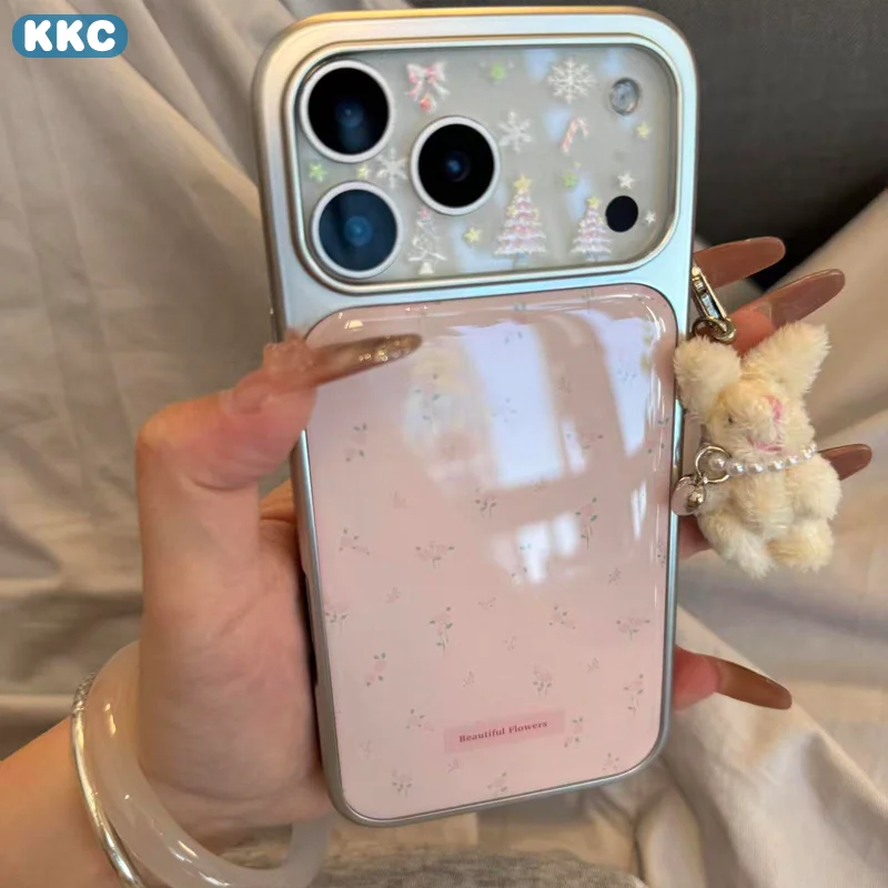 Funda para Teléfono con Diseño de Rosas Negras, Flores Rosadas y Tulipanes Plateados, Estilo Coreano, con Resina Epoxi Anti-caídas, para iPhone XR/11/12/13/14/15/16/17 ProMax