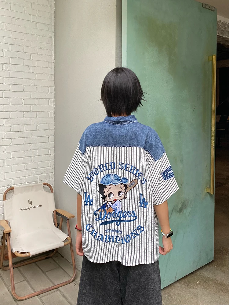 

BIBULU American Retro Street Heavy Embroidery Striped ort Sve Women's Summer Loose Design Sense Top Breathable Collar