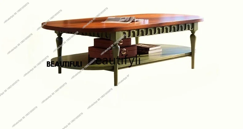 

ss8350 French retro style solid wood coffee table small apartment living room household ash wood oval, double coffee table