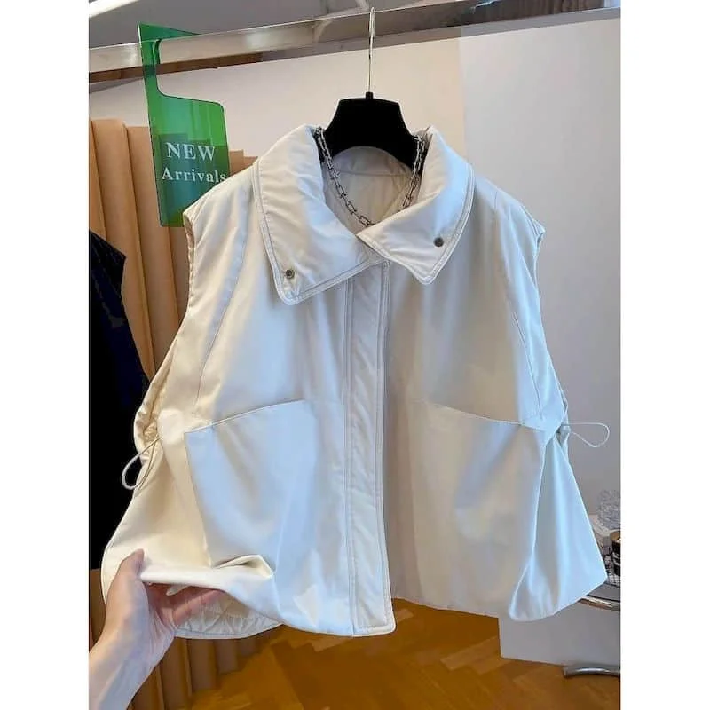 

Workwear Waistcoats for Women Harajuku Style Vest Women Polo-neck Casual Sleeveless Cardigans Vintage Jackets Loose Women Tops