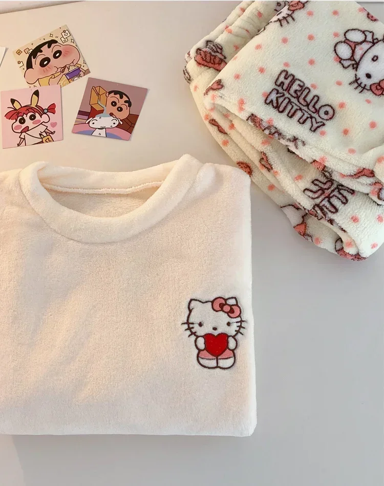 Sanrio Hello Kitty Winter Pure Cotton Coral Fleece Warm Long Sleeves Women\'s Pajamas Silk Pajamas Women\'s Sleepwear Suit