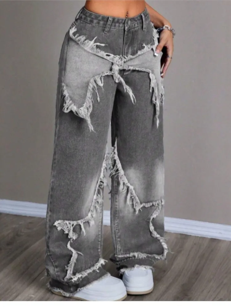 

2025 Straight Pants Jeans Pant Women's Clothing Star Patchwork Rough Edges Vintage Street Wind Fashion Trendy Chic Jean Casual
