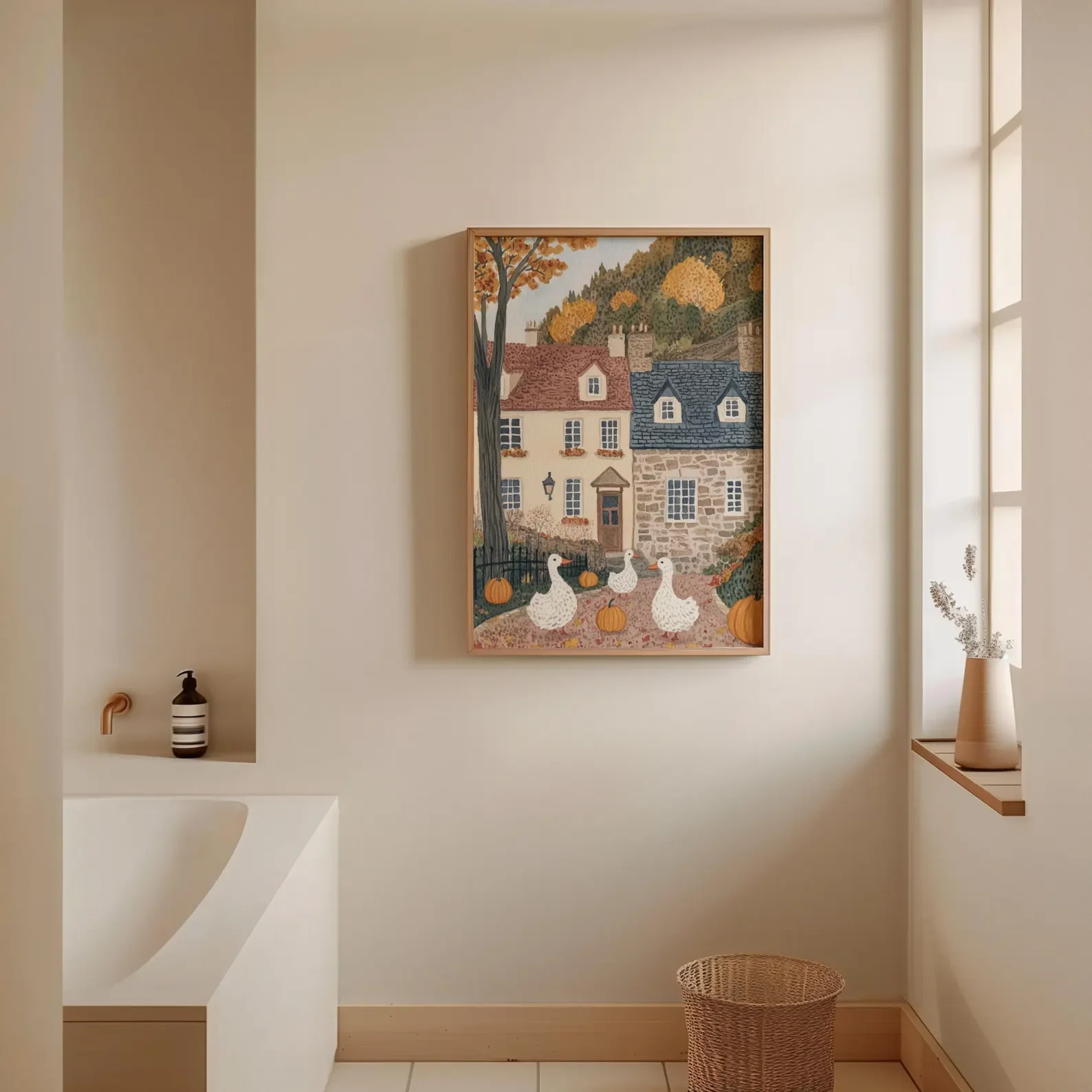 Autumn Village Print Farmhouse Decor Wall Art Duck with Pumpkin Digital Download Fall Pumpkin Printable Cozy Fall Print Rustic image 6
