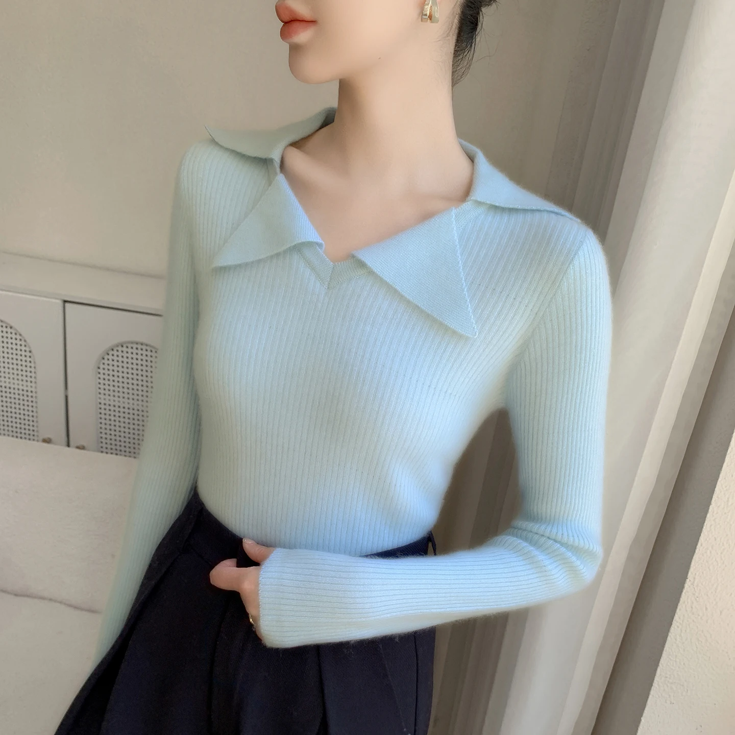 

Women's 100% Pure Cashmere Pullover Sweater Slim Fit Double Collar Warm Jumper Casual Solid Color Knitted Top for Autumn/Winter