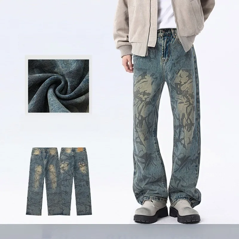 

2025 винтажные джинсовые брюки нестандартной формы с граффити для мужчин, осенние уличные потертые и потертые свободные драпированные прямые длинные брюки