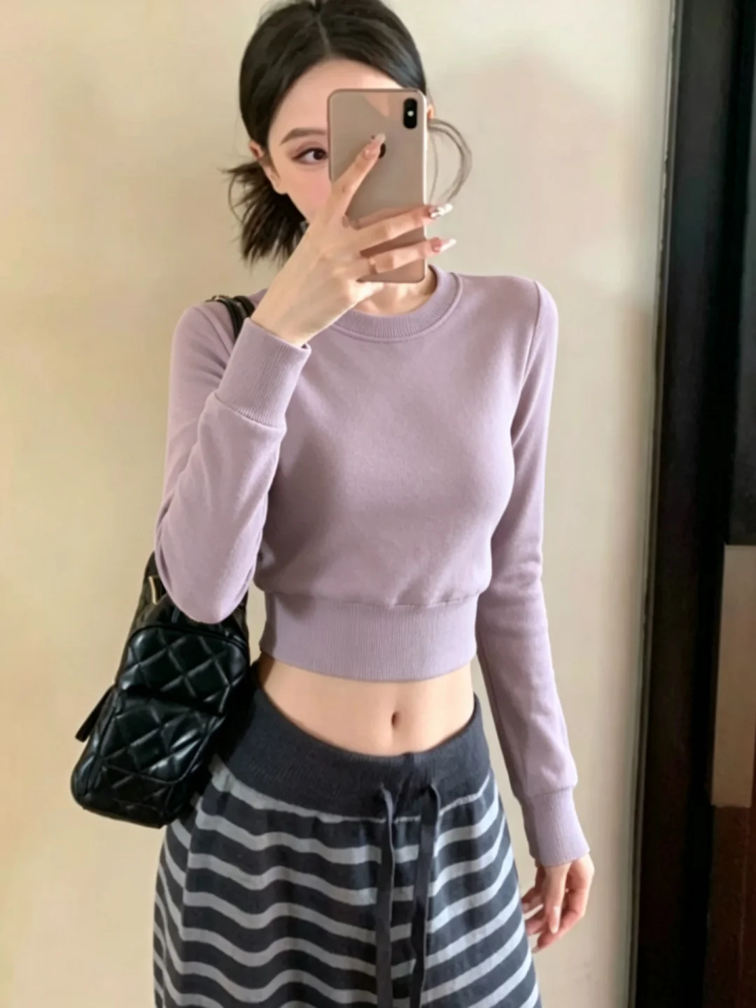 Slim Fit round Neck Short Crop Top Hoodie Women's Style Trendy Early Autumn Versatile Overhead Shirt Purple Taro Root Color