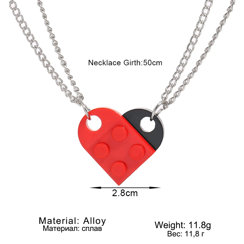 2Pcs/lot Cute Love Heart Pendant Necklace for Couples Friendship Women Men Lego Elements Couple Valentines Gifts Punk Necklace
