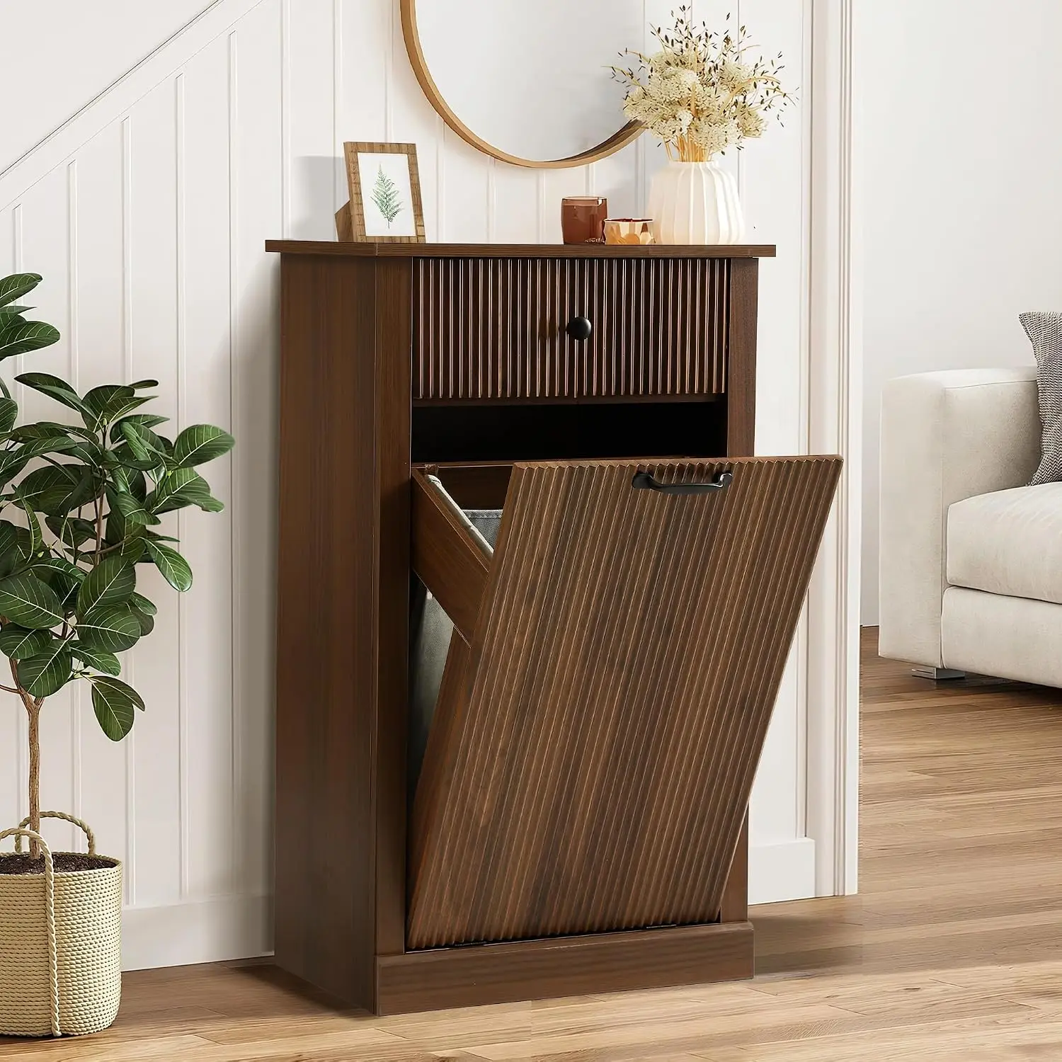 Tilt Out Fluted Laundry Hamper Cabinet, 11 Gallon Hidden Laundry Hamper, Wooden Trash Can Cabinets with Drawer,Customized