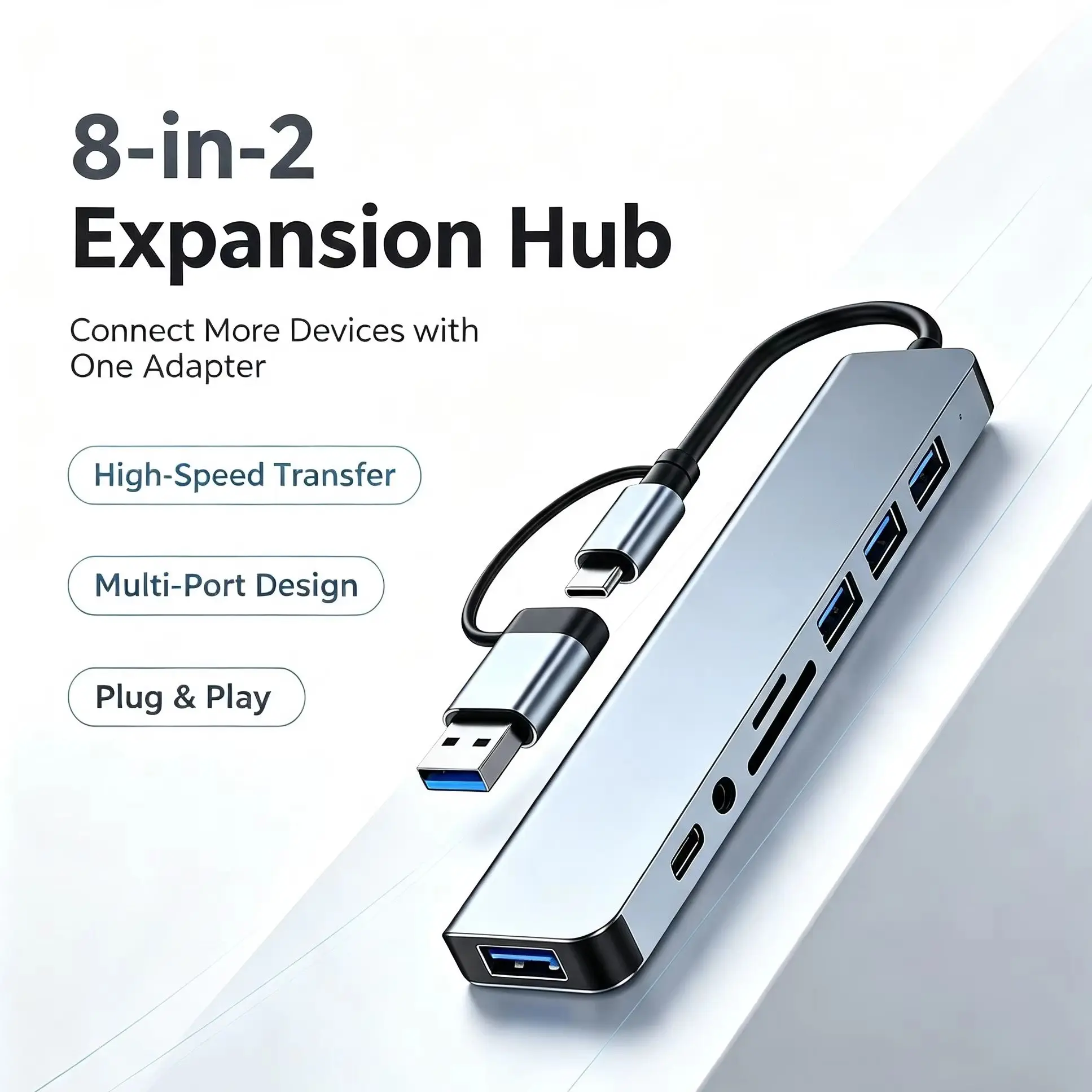 Portable 8 IN 2 Dual Interface USB‑A Type‑C Docking Hub USB 3.0 Splitter TF SD Card Reader 3.5mm Audio Output OTG Adapter For No