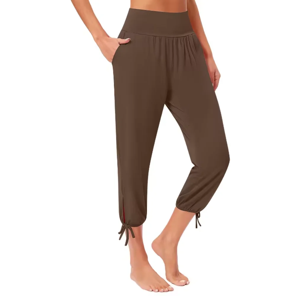 Fashion Light Coffee High-Waisted Elasticated Ankle Seven-Part Trousers Women Plus Size Casual Pants