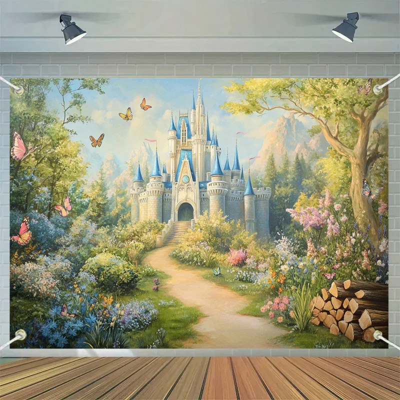 1 pieza de tela de fondo de poliéster de Castillo de princesa clásico, pancarta de Castillo de cuento de hadas, decoraciones para fiesta de Navidad