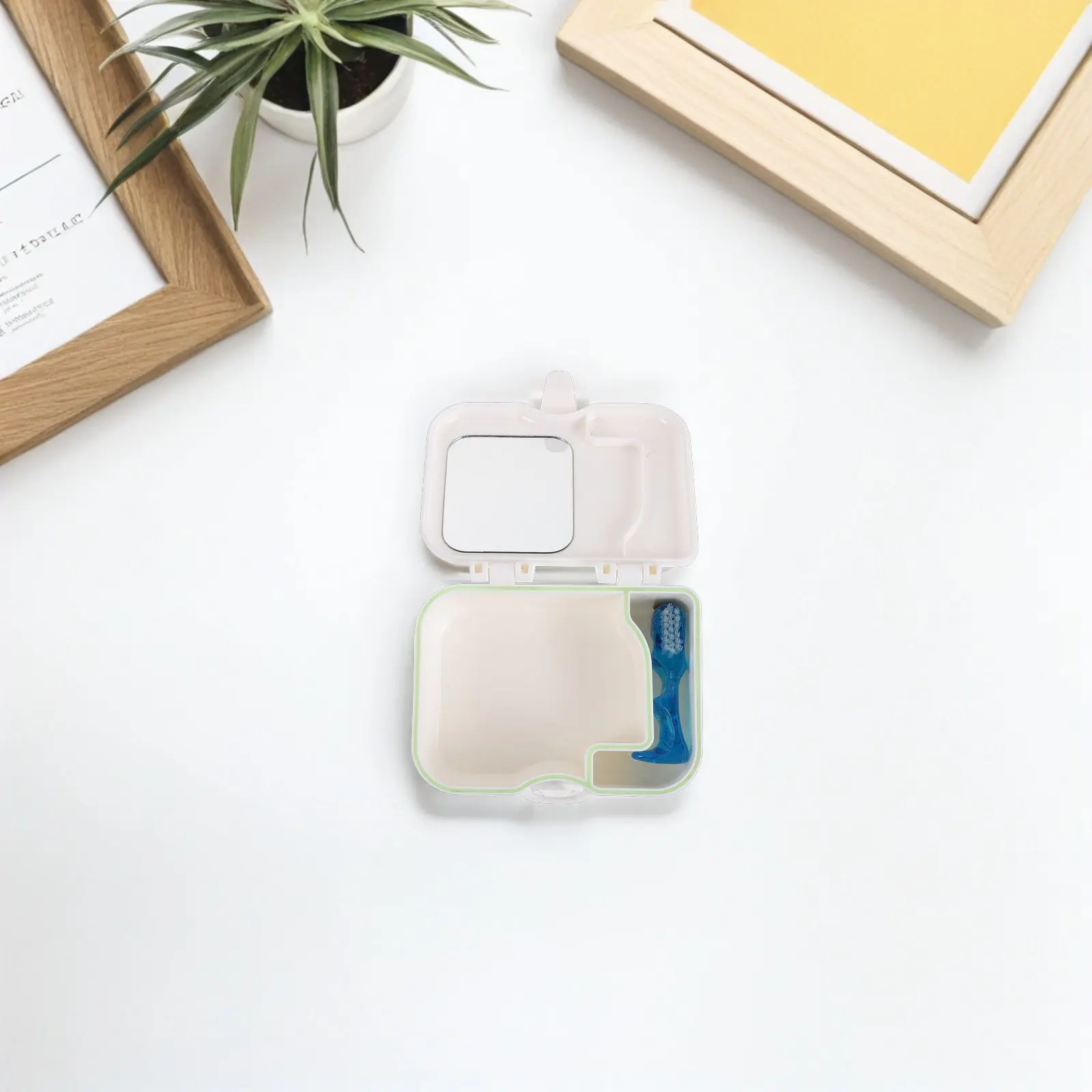 Portable Denture Storage Box with Built-in Mirror Toothbrush Slot Leak-Proof Denture Bath Case Travel Retainer Soaking Container
