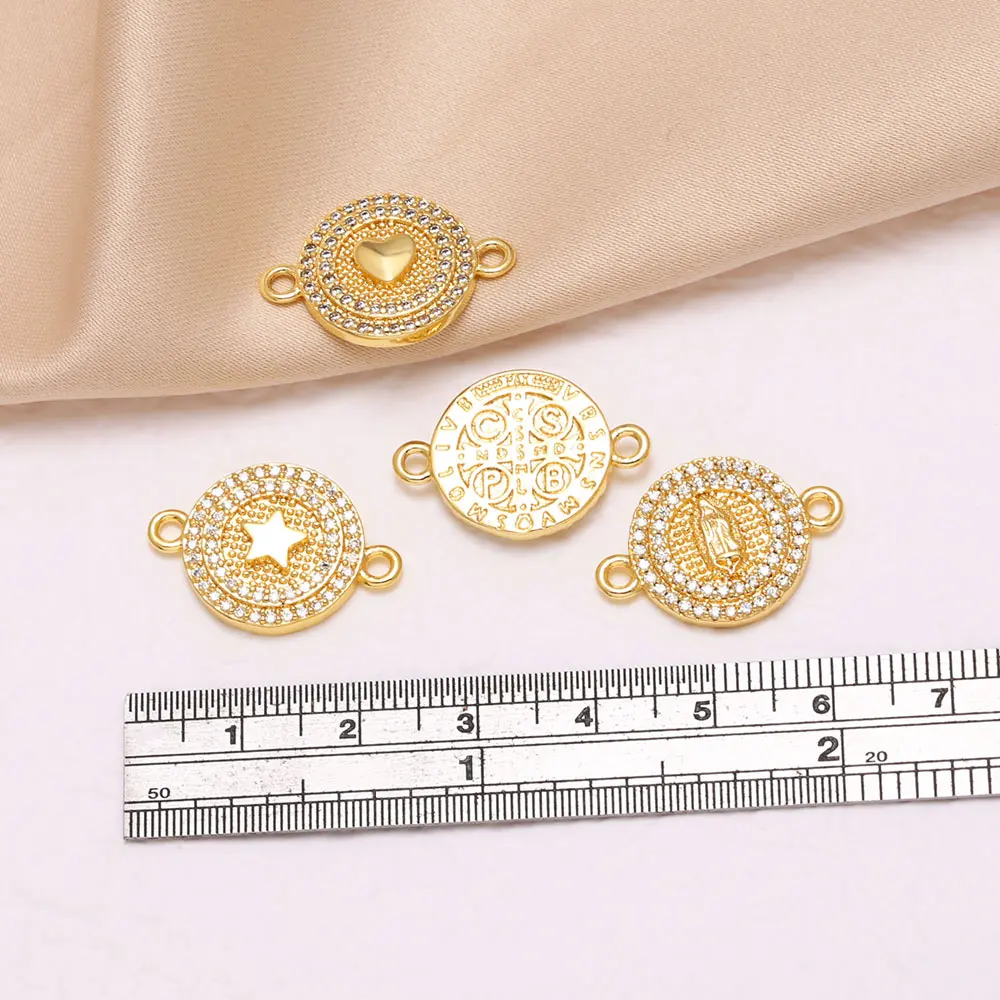 OCESRIO Copper Gold Plated Round Connectors for Bracelet DIY Zircon Heart Star Virgin Mary Religious Jewelry Supplies chma589