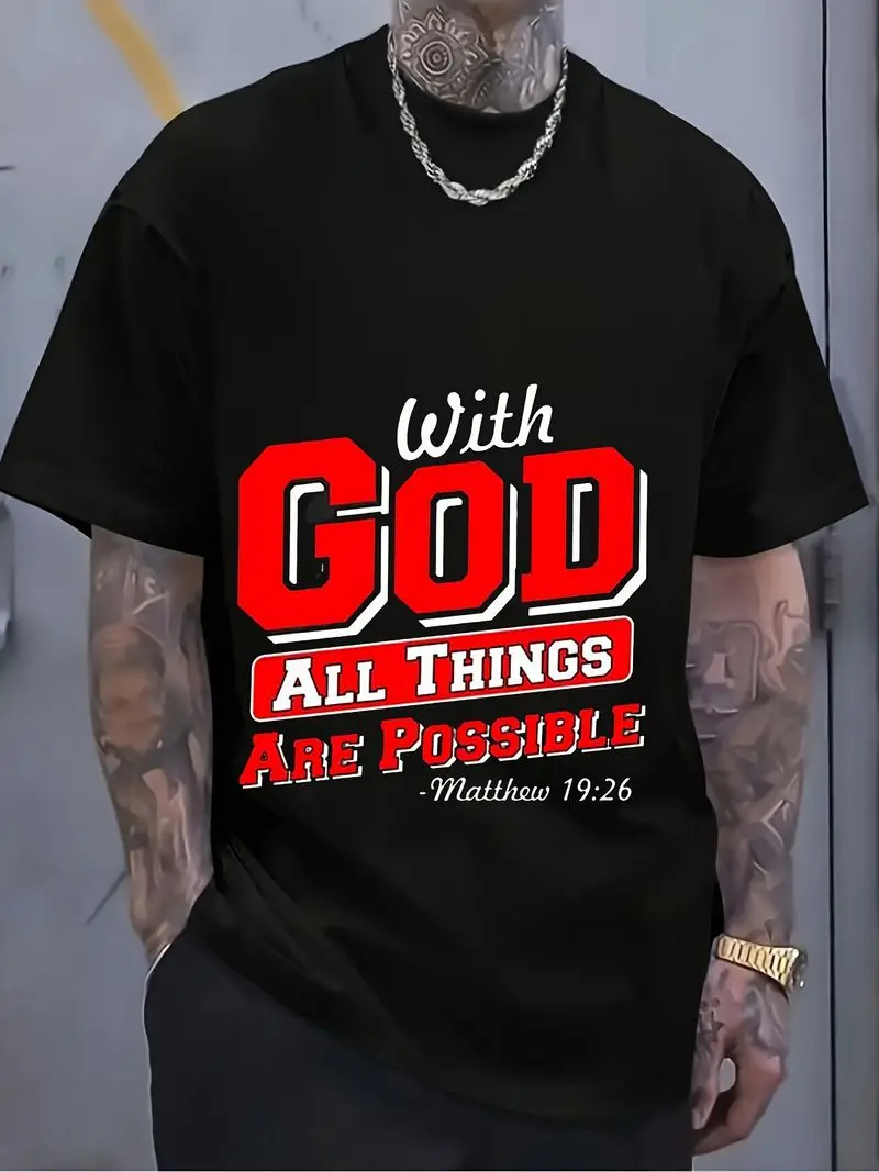 Men's Christian Vintage Distressed With God All Things Are Possible T-Shirt Round Neck Comfortable All Seasons Plus Size Black