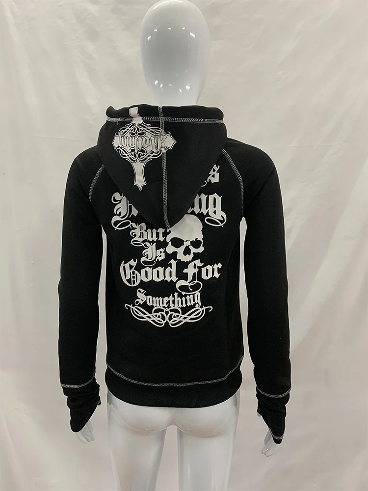 Herbst Winter Damen Y2K Gothic Zip-Up Hoodie mit Leopardenfutter, Totenkopf- und Buchstabendruck, Slim Fit, Langarm, Streetwear, mit Kapuze – Detail 8