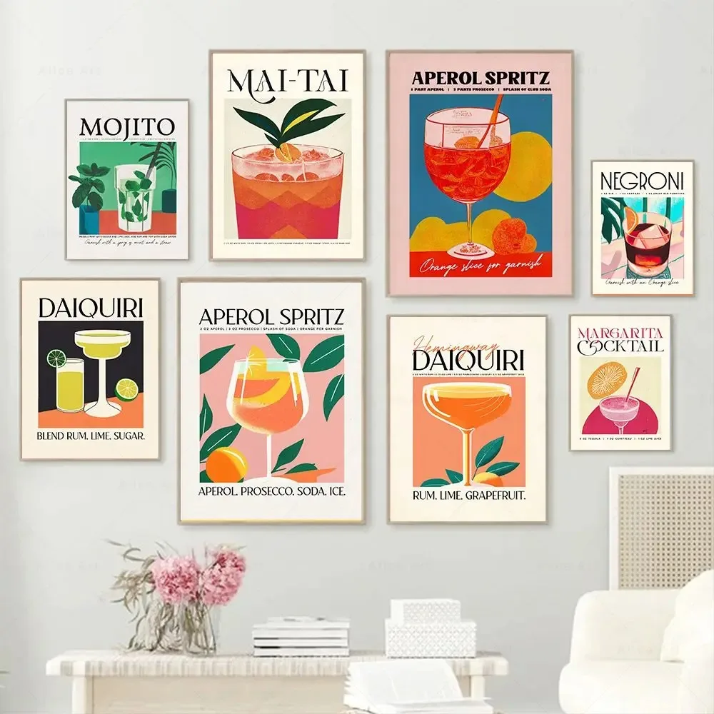 Dibujos animados jugo de fruta Mojito Aperol Spritz Sangria bebida Negroni arte de pared impresión minimalista lienzo pintura carteles para el hogar Dec
