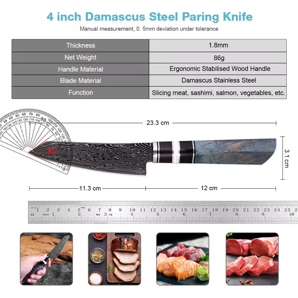 Japanese 4.5 Inch Paring Knife Fruit Knife,Damascus Steel Black Blade Sharp Small Kitchen Knife Peeling Knife Stable Wood Handle