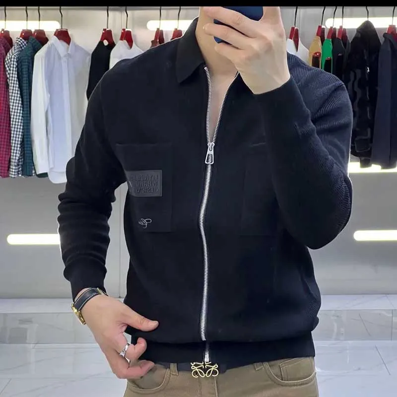 Fashion Lapel Zipper Spliced Pockets Embroidery Cardigan Sweaters Mens Clothing 2024 Spring New Loose Knitted All-match Tops