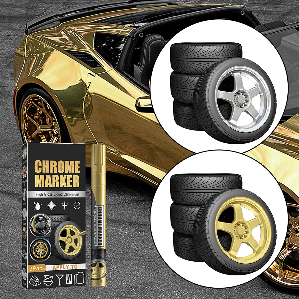 3pcs Liquid Mirror Chrome Marker Set DIY Car Paint Pens Metallic Markers Tire Graffiti Waterproof Car Care Paint Pens Accessory