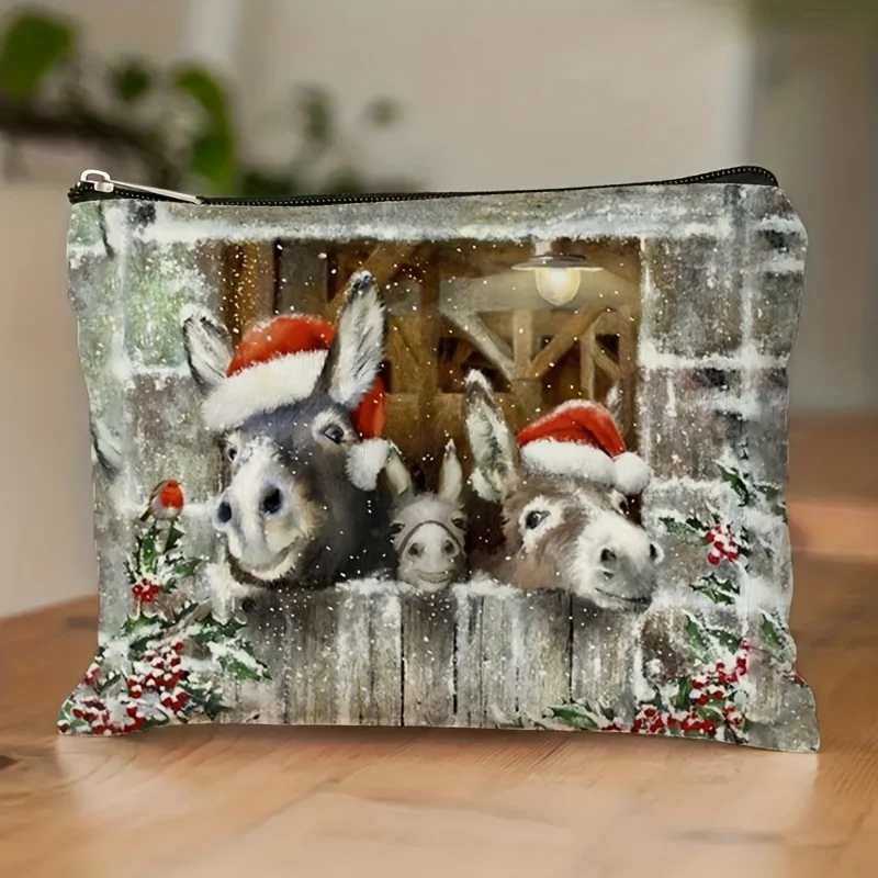 A Winter Christmas Donkey Makeup Bag- multifunctional zipper pouch, jewelry storage bag, perfect travel zipper small storage bag