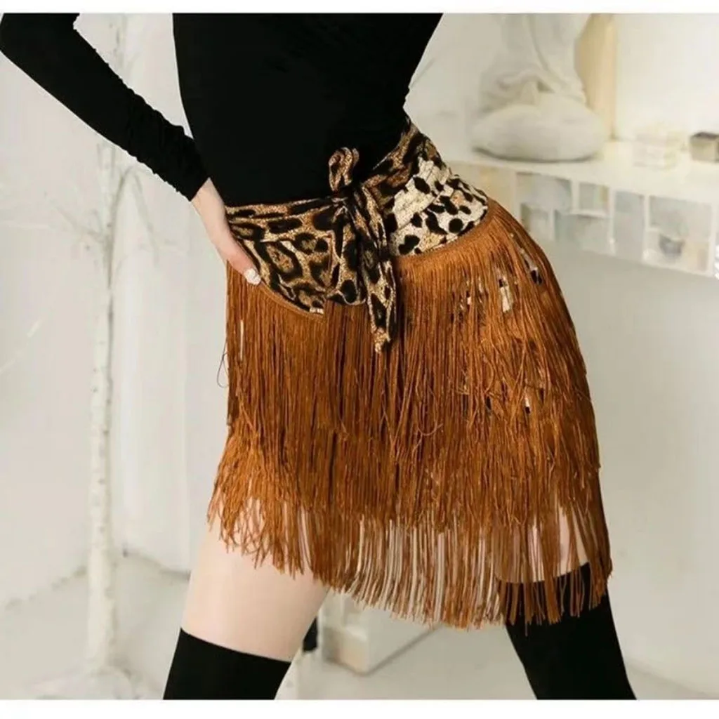 

Leopard Patchwork Flamengo Standard Dances Woman Skirts Latin Costume High Waist Clothing Dance Competition Tassels Hip Scarf