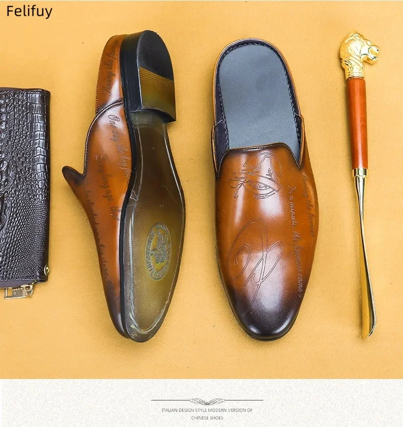 Brown Luxury Men's Slippers Genuine Leather Loafers Men Moccasins Casual Non-slip Man Shoes Summer Fashion Half Shoes For Men