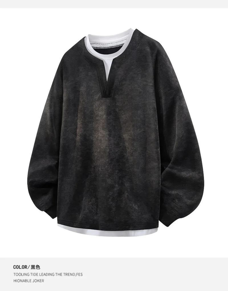 2026 Autumn New Round Neck Fake Two-piece Hoodie Korean Fashion Harajuku Tie Dye Casual Loose Long Sleeved T-shirt Sweatshirt