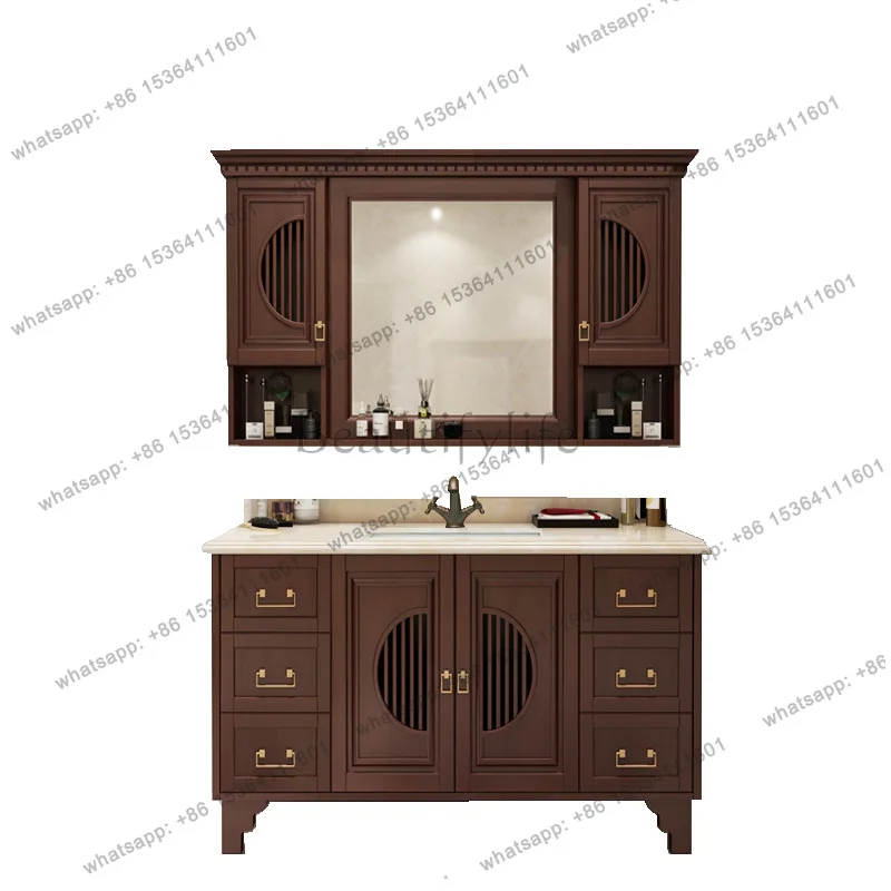 

New Chinese rock slab solid wood bathroom combination floor washing table sink