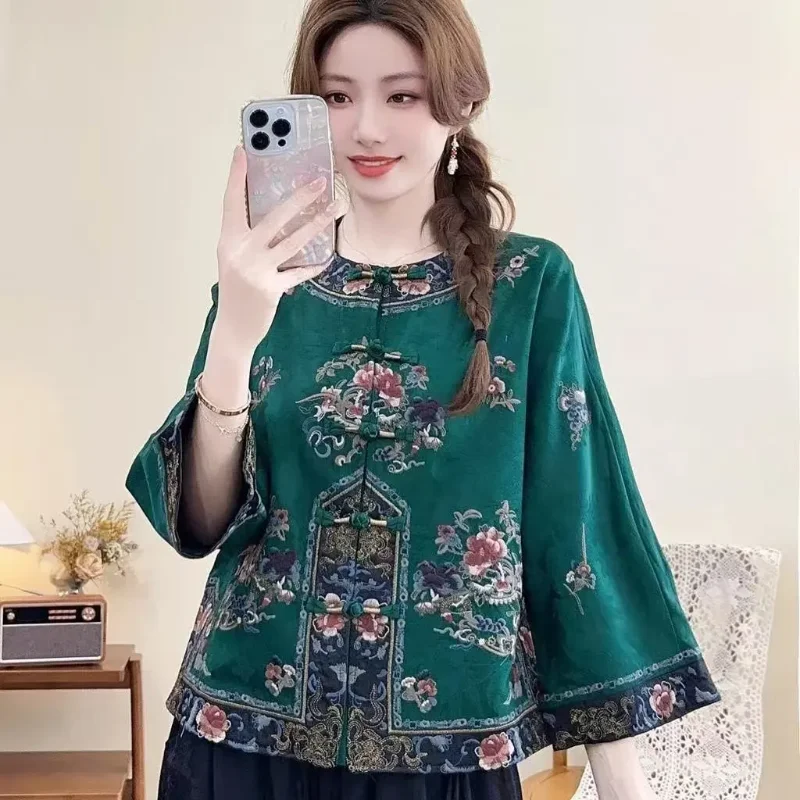

New National Style Top Heavy Industry Retro Loose Cotton and Linen Plate Button Embroidered Long-sleeved Top