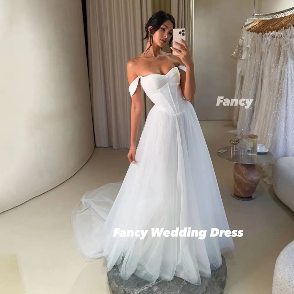 Fancy White Boho Wedding Dress Off The Shoulder Sweetheart Neckline Exposed Boning Flowing Tulle Bridal Gown Customized