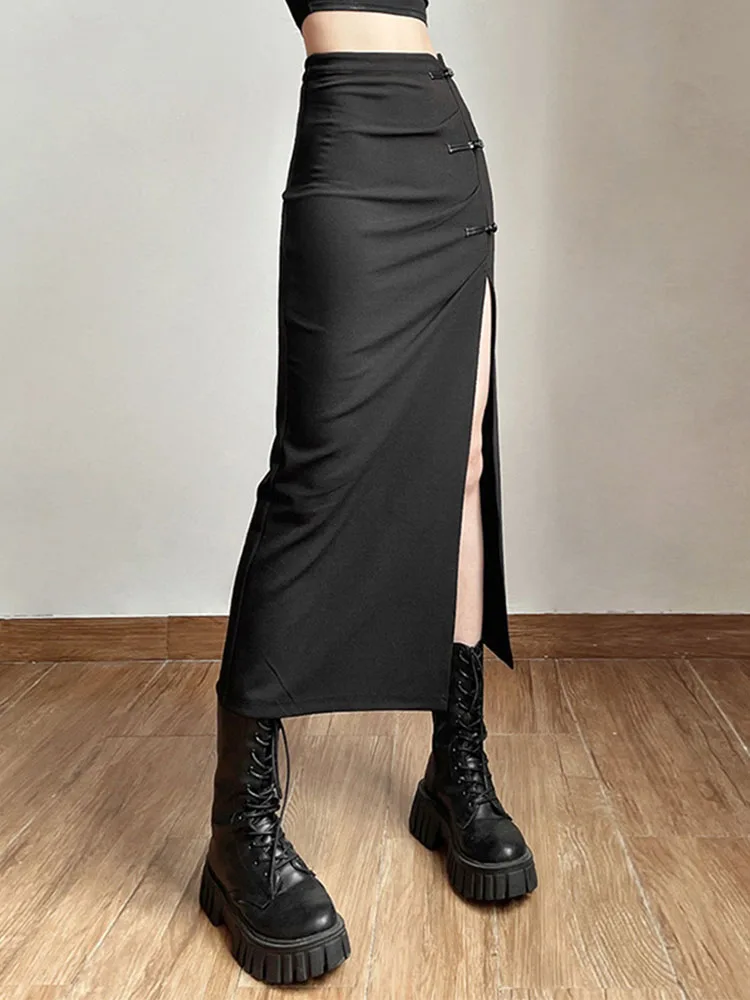 Black Sexy Split Simple Casual All-Match Hot Street Outing Cool Mature Vitality Personality Trend Basic Women'S Skirt