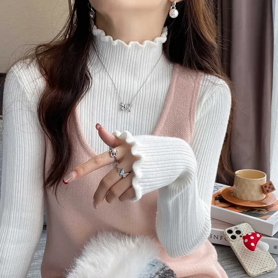 2025 Tops suaves de manga larga para mujer, jerséis de punto con cuello alto para otoño e invierno, suéter fruncido versátil informal, Top de capa Base delgada