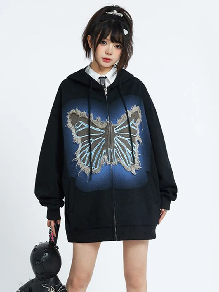 

Zoki Vintage Women Y2K Hoodies Bufferfly Loose Long Sleeve Streetwear Sweatshirts Harajuku Casual Fall Lady Retro American Tops