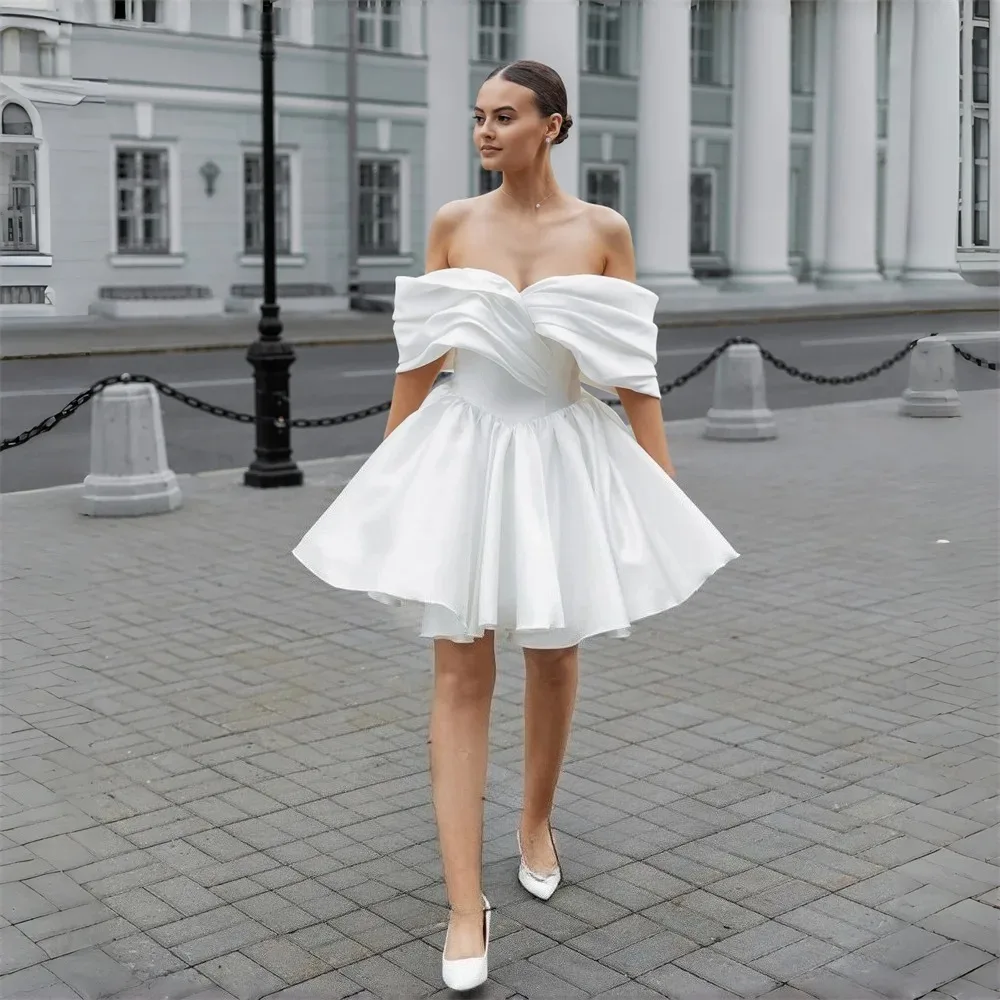 Classic Satin Short A-Line Wedding Dresses Off The Shoulder Pleat Sweetheart Open Back Bridal Gown Vestidos De Noiva Customized