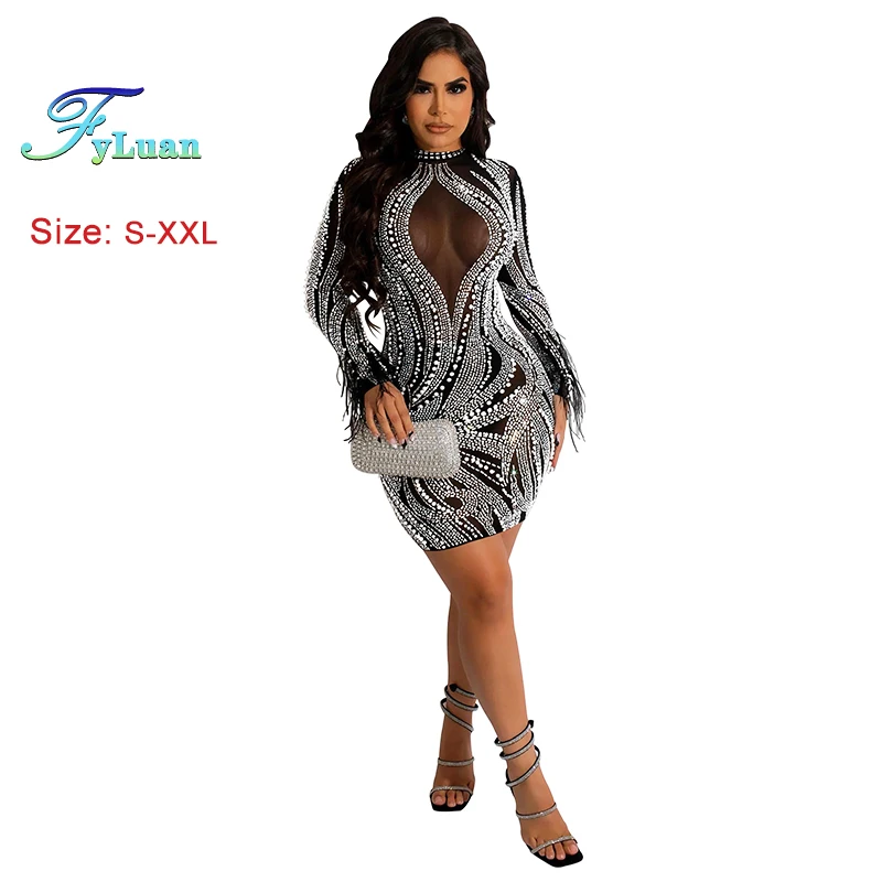 Bodycon ยาวเสื้อ \ \ \ \ \ \ \ \ \ \ \ \ \ \ \ กระโปรงสั้น Glitter ชุดเพชรคริสตัล O คอพิธีสาวสั้นชุด SHEER ตาข่ายชุดจัดเลี้ยง