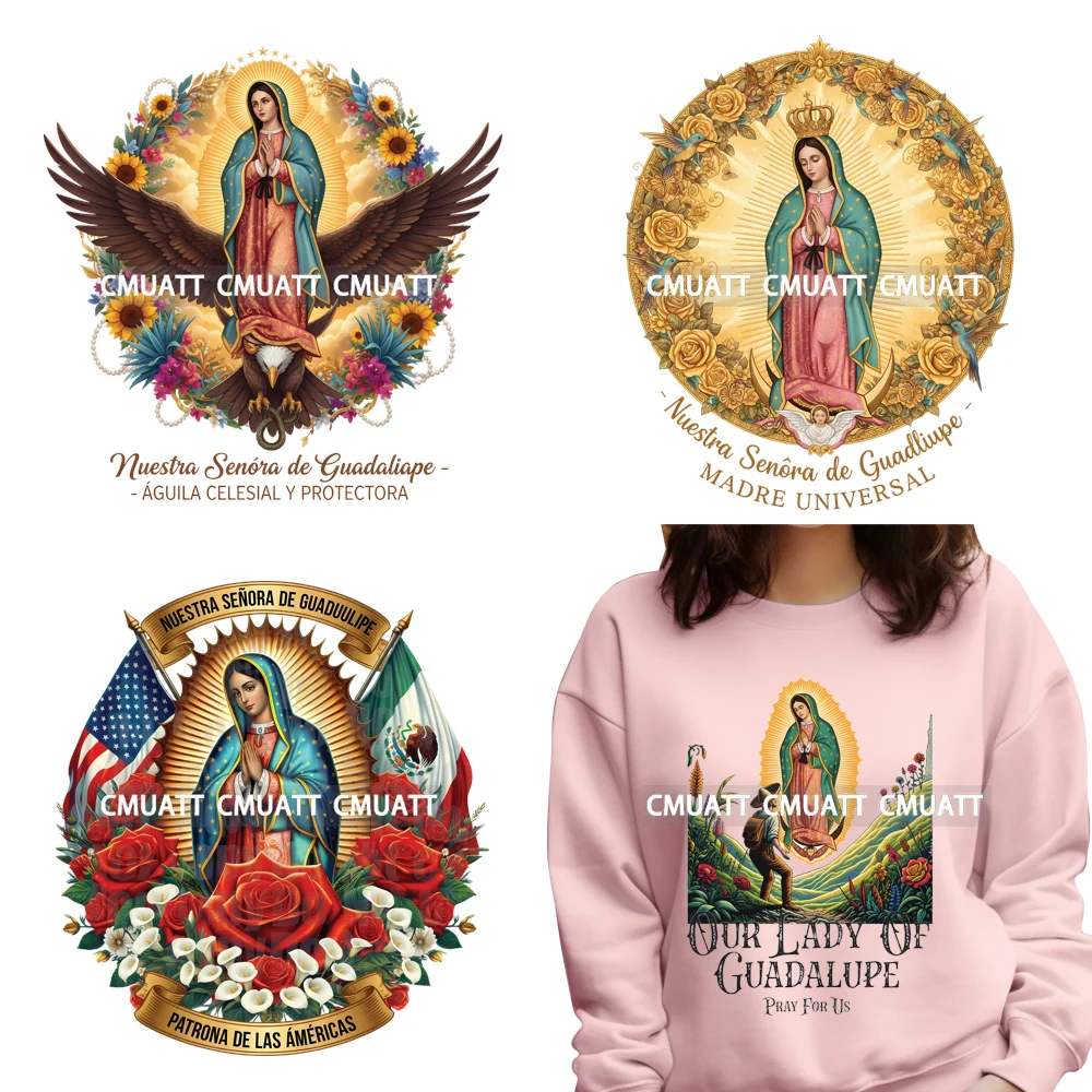 

Христианская Богоматери Гваделупской с цветочным принтом Девы Мексики, моющиеся наклейки-переводяники DTF, готовые к пресу для свитшотов