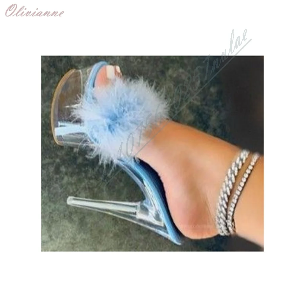 Blue Feather Decor Clear Platform Slippers Slio-on Siletto High Heel Nightclub Shoes for Women 2026 New Arrival Hot Girls Shoes