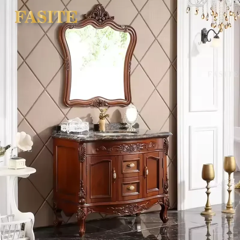 Floor Standing Washbasin Cabinet Made of European Oak for Bathroom Use with Mirror and Combined Storage Functions