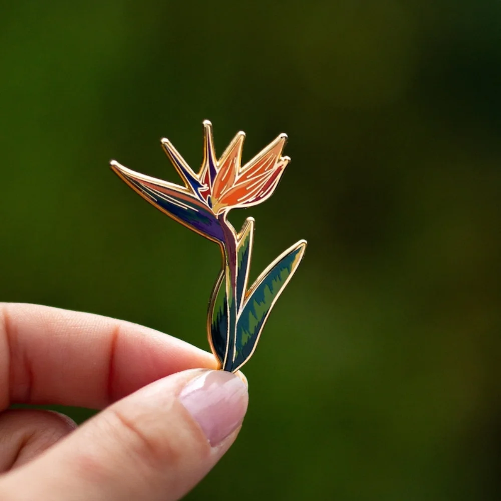 Beautiful Flower Hard Enamel Pin Bird of Paradise Plant Badge Orange Tropical Jewelry Gifts for Nature Lovers', Botanical Brooch