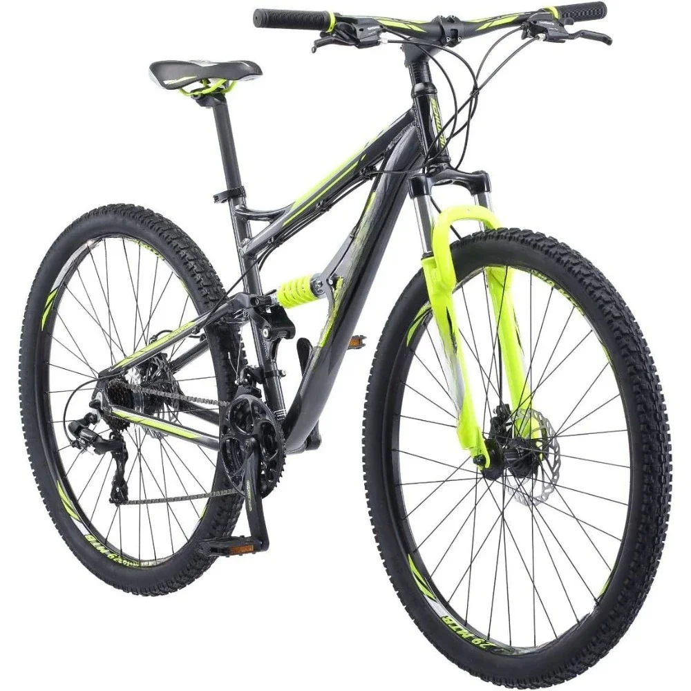 

Mens and Womens Mountain Bike, 29-Inch Wheels, 24-Speed Shifters, Full Suspension, Mechanical Disc Brakes