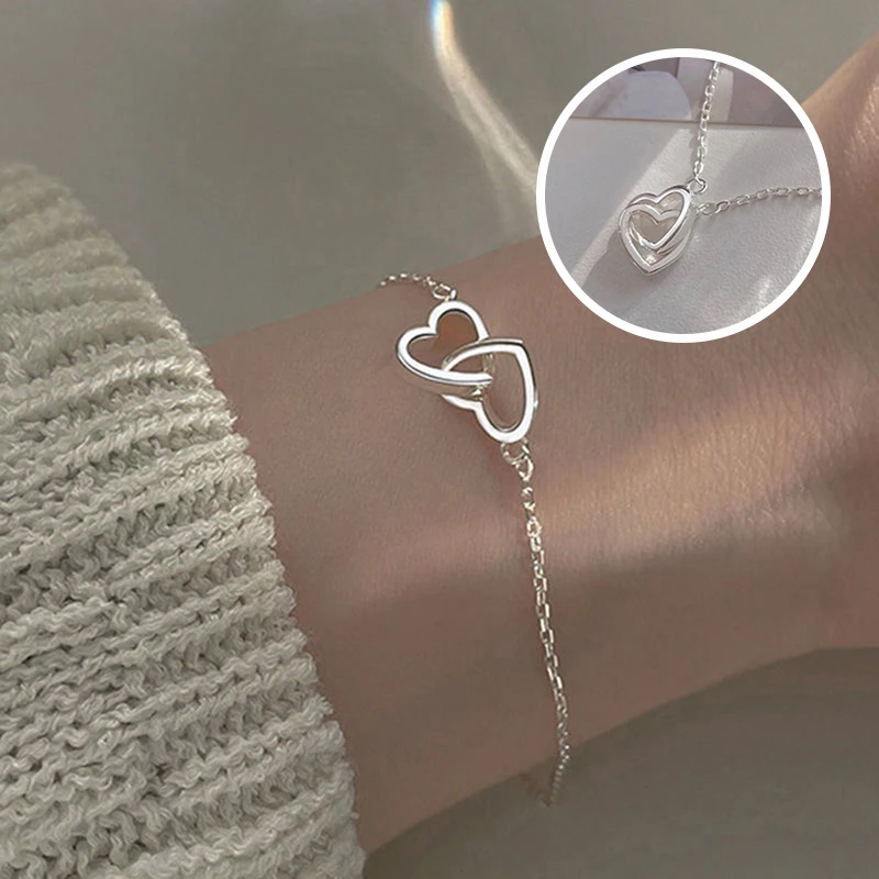 New Silver Color Double Heart Bracelet & Bangle for Women Fine Fashion Jewelry Wedding Party Gift New Trend