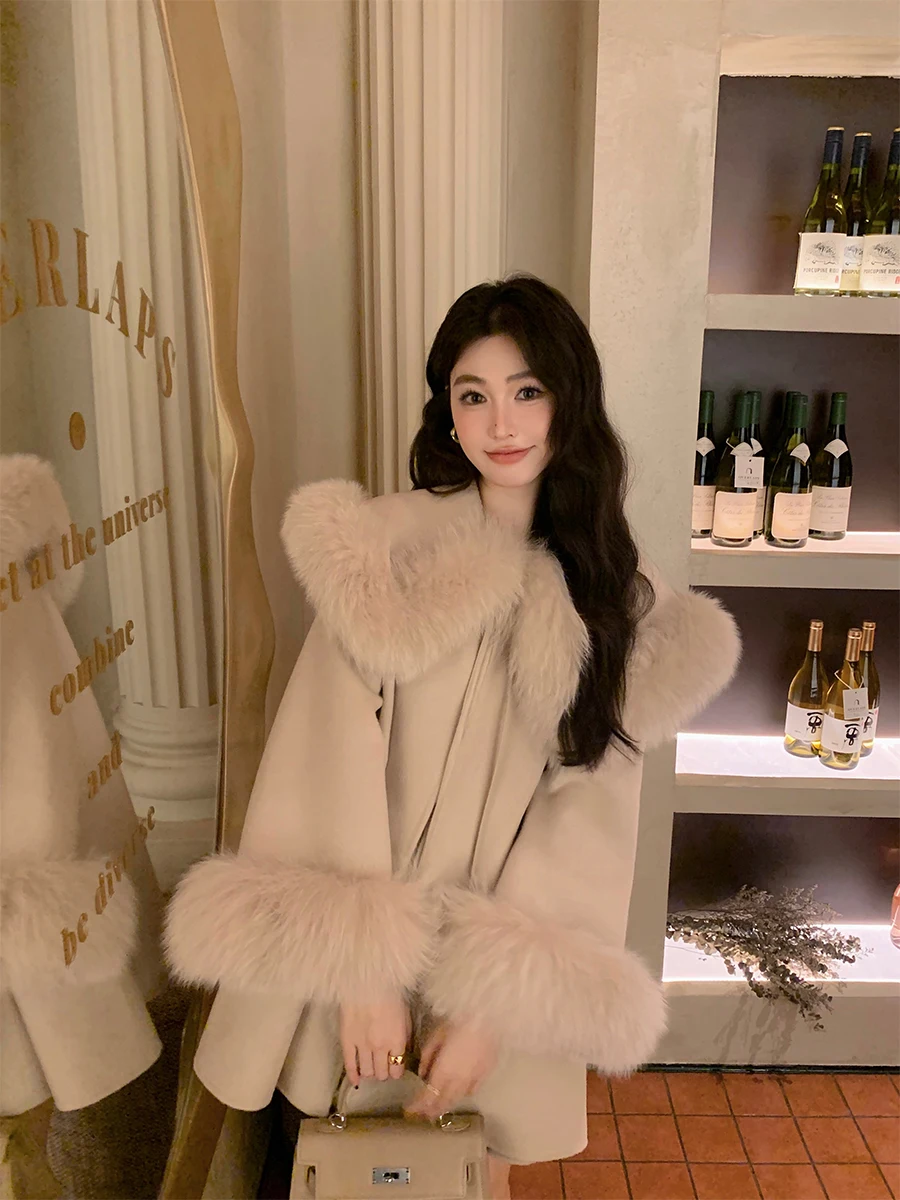 

Anmeng Double-Faced Woolen Coat Fur Collar Bear Cookie Doll Women's Winter Jaet Korean Sle Commute Long Sve