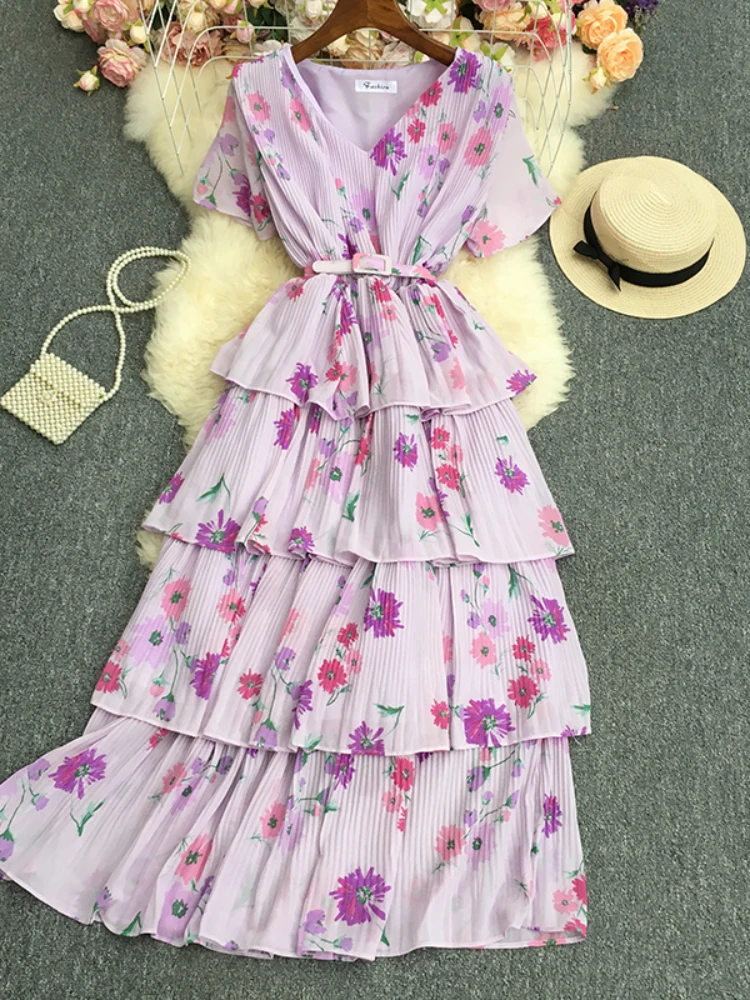 

Retro Print Elegant Pleated Chiffon Dress Women Summer A-line Short Sleeve Casual V-neck High Waist Bandage Dress